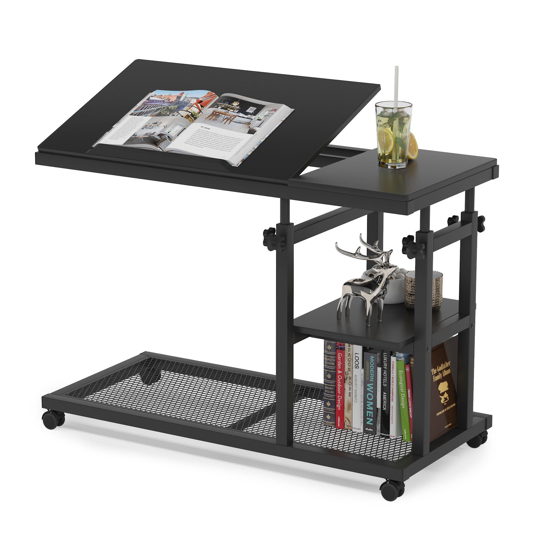 Height Adjustable C Side Table with Rolling Wheels